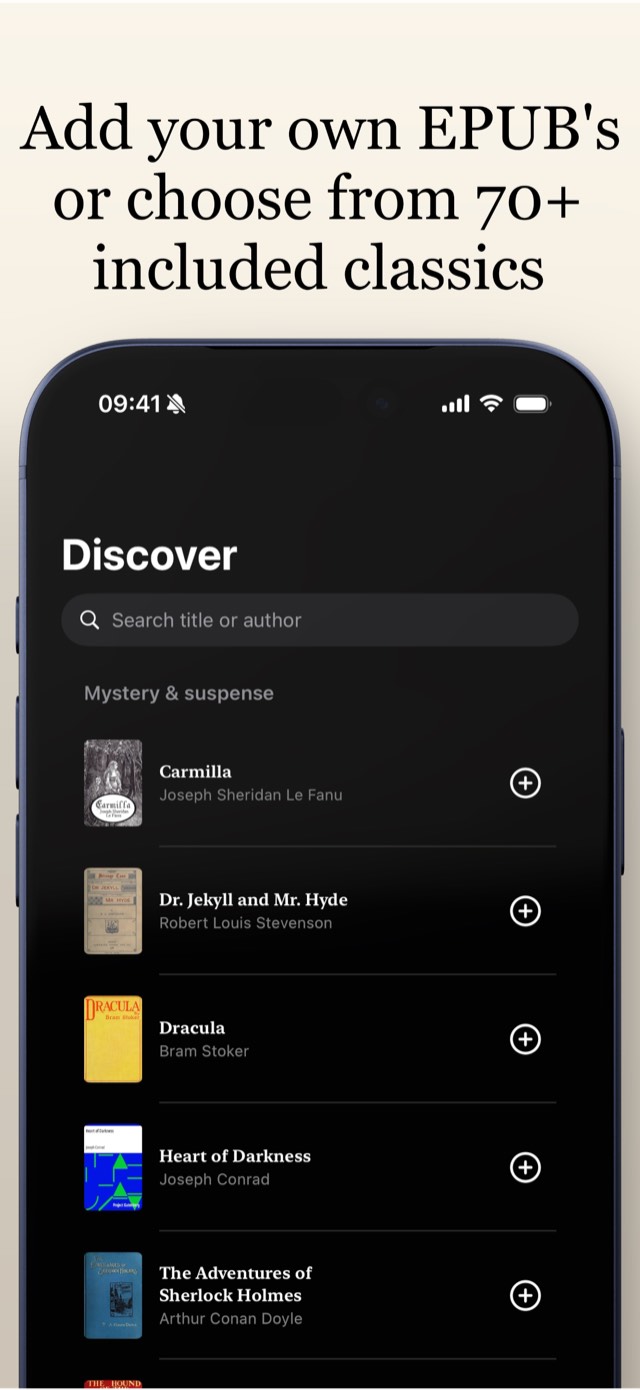 The Discover tab listing included classics such as Carmilla, Dr. Jekyll and Mr. Hyde and Dracula.