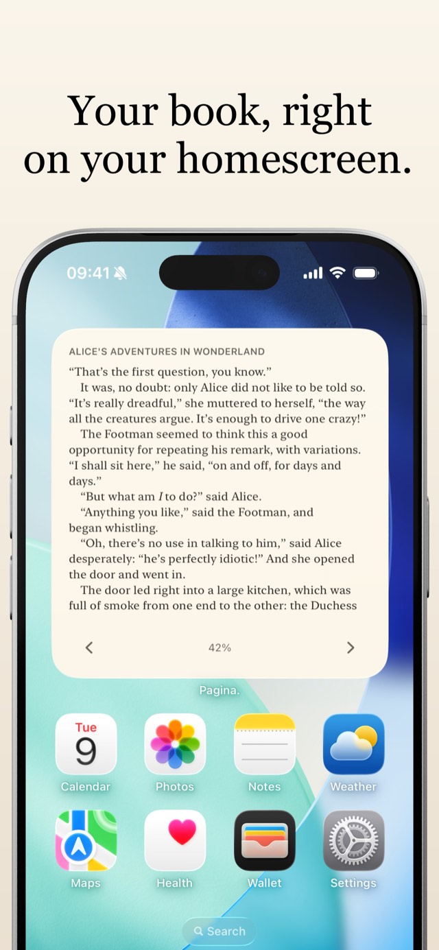 The Pagina widget on an iPhone Home Screen, showing a page of Alice's Adventures in Wonderland with page-turn buttons.