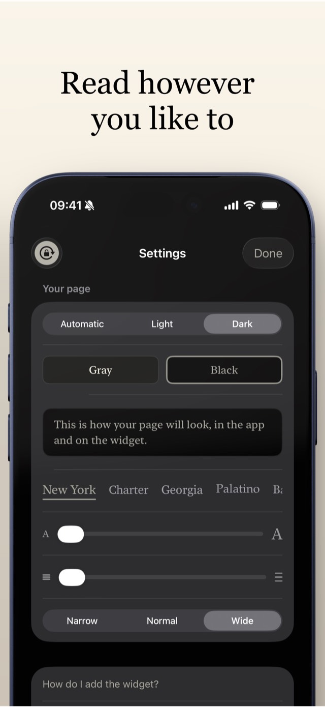 Reading settings: light, dark or automatic, gray or black night paper, six fonts, text size, line spacing and margins.